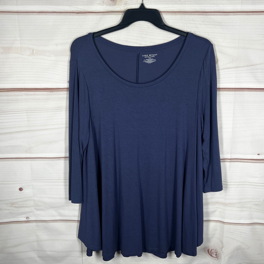 Lane Bryant Swing Tunic Top Womens 18 20 Blue Solid 3/4 Sleeve Scoop Neck Blouse